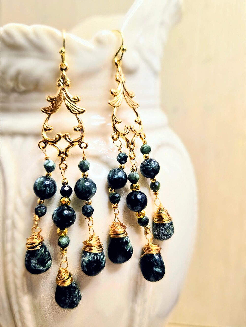 Natural Angel Winged Green Siberian Seraphinite Victorian Chandelier Earrings